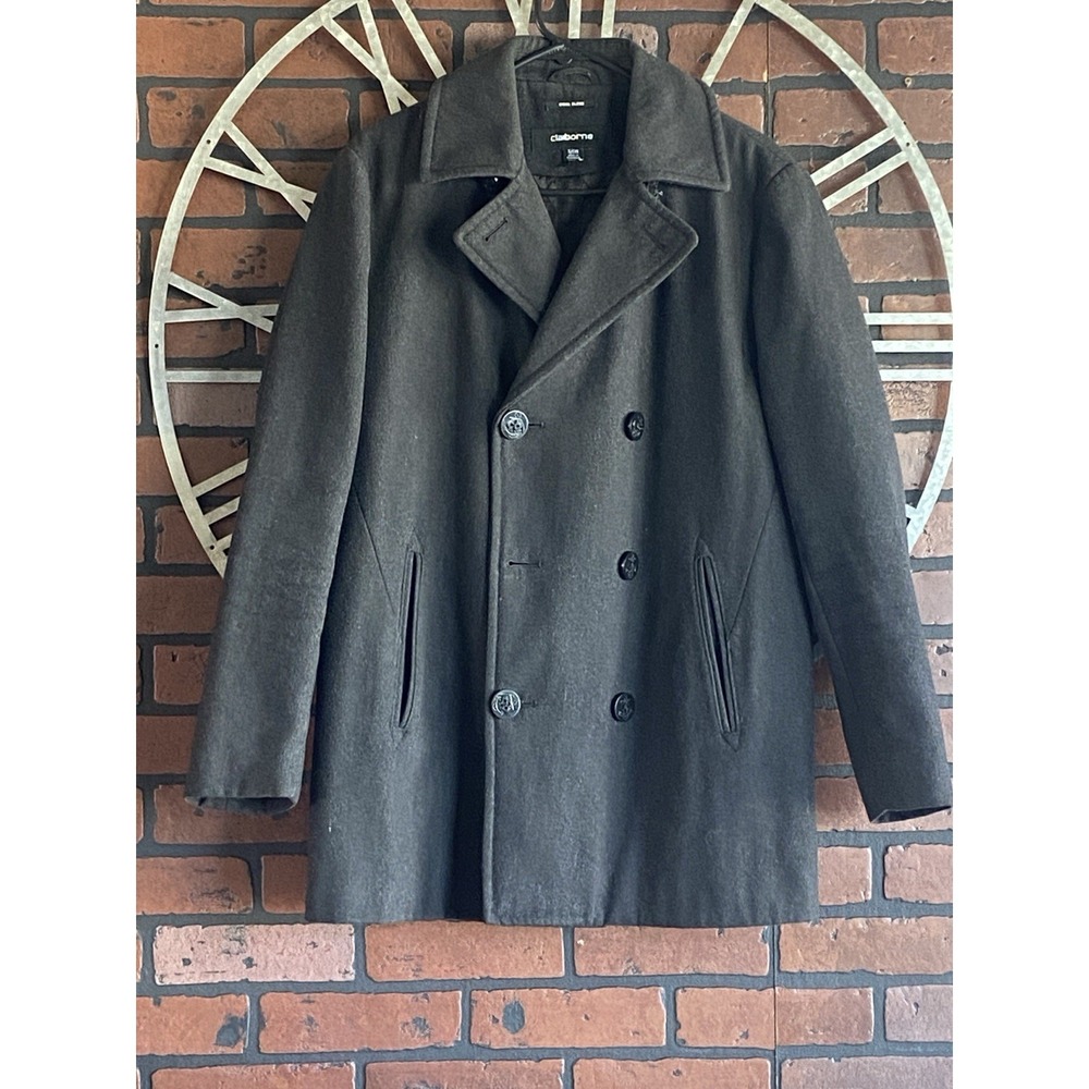 Men's Claiborne Wool-Blend Double Breasted Pea Coat Jacket Black Size Small